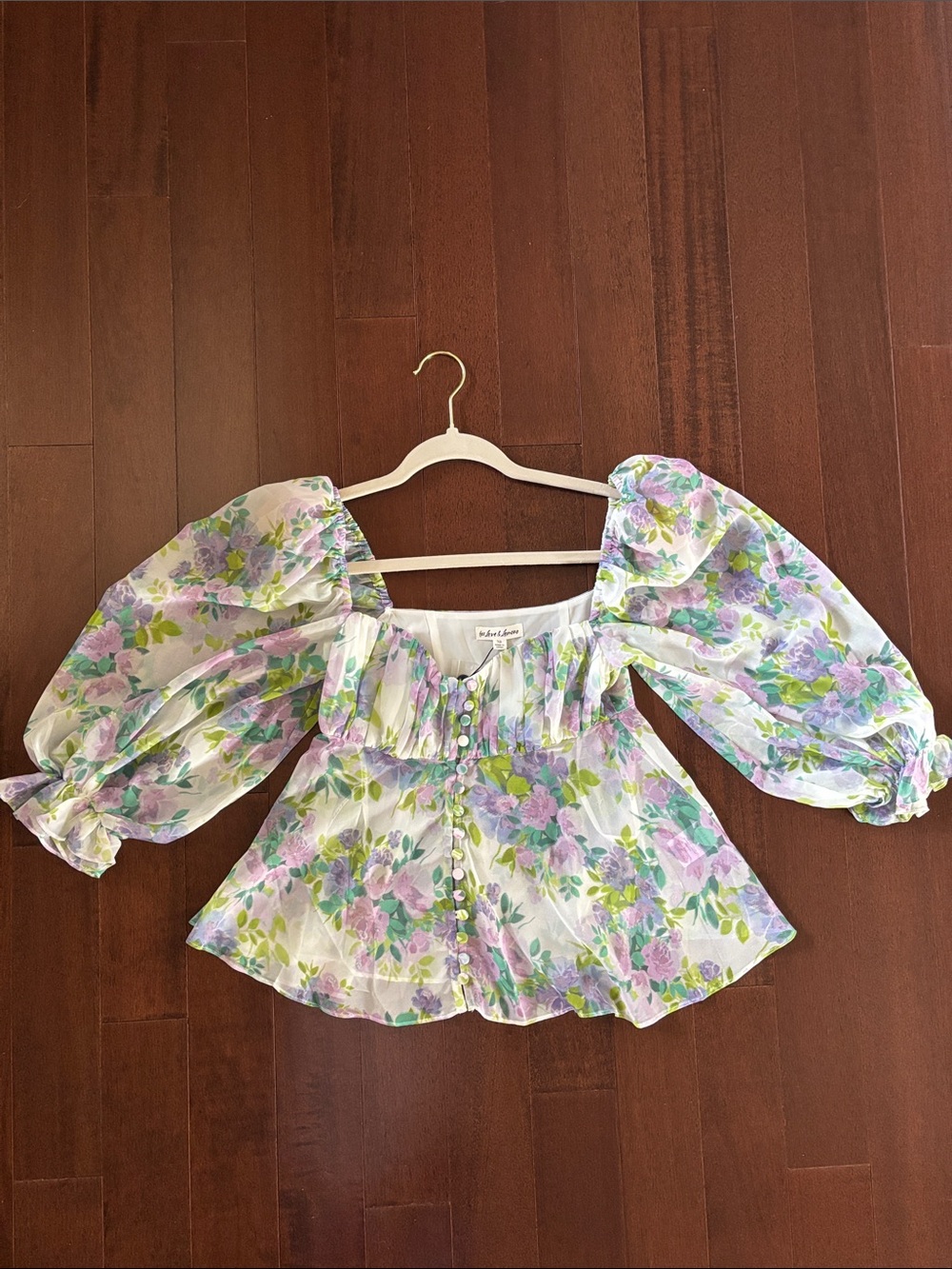 NWT For Love & Lemons Lavender Floral Puff-Sleeve Blouse